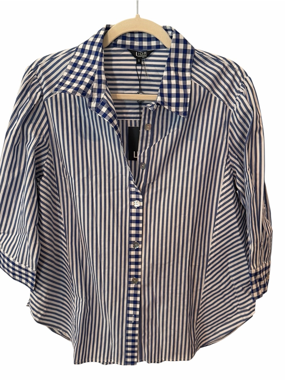 Lior Paris Blue White Striped Gingham Button Down Shirt Small NWT